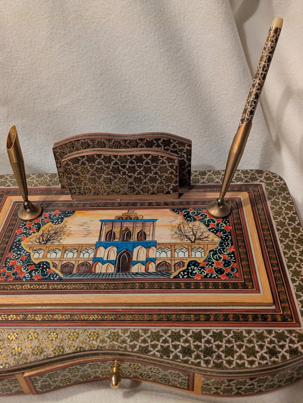 Vintage Persian Khatam Inlaid Desk Set Brass Pen Holder Letter Cards Rack Wood